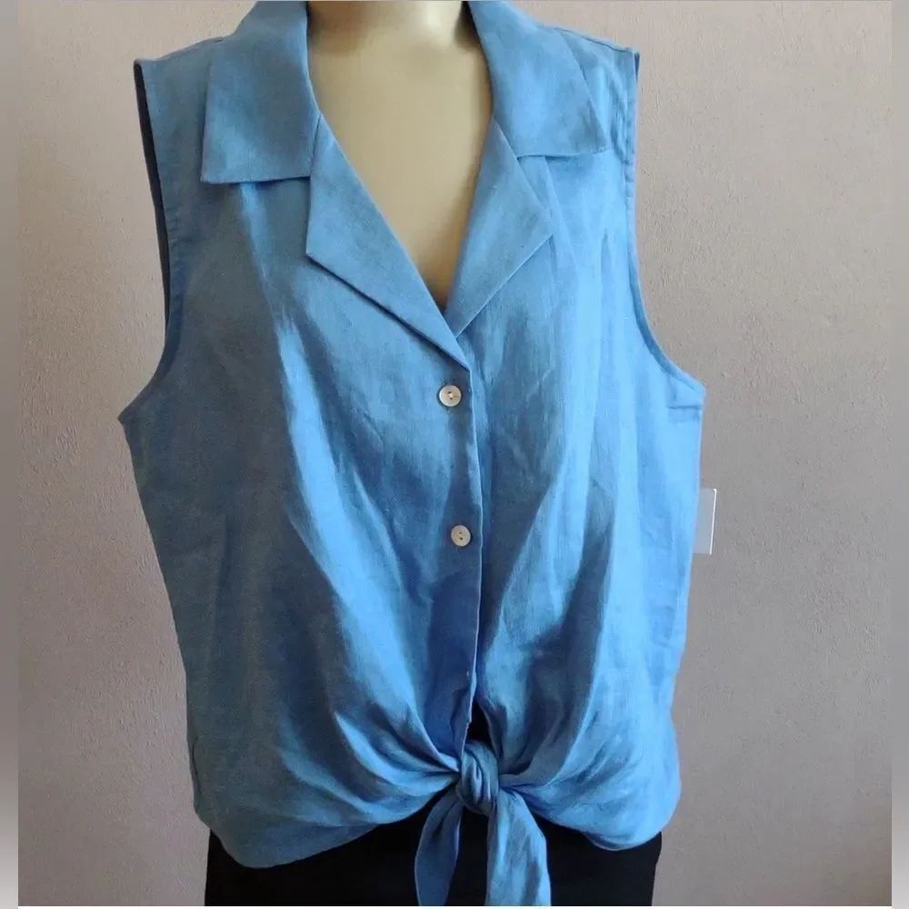 NWT *Karen Kane* Blue 💯 Linen Tie-Front Button Down Blouse Sz XL